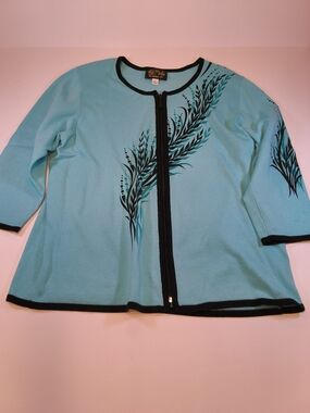 Bob Mackie Aqua Blue Knit Zip Cardigan with Black Trim and Leaf Motif XL
